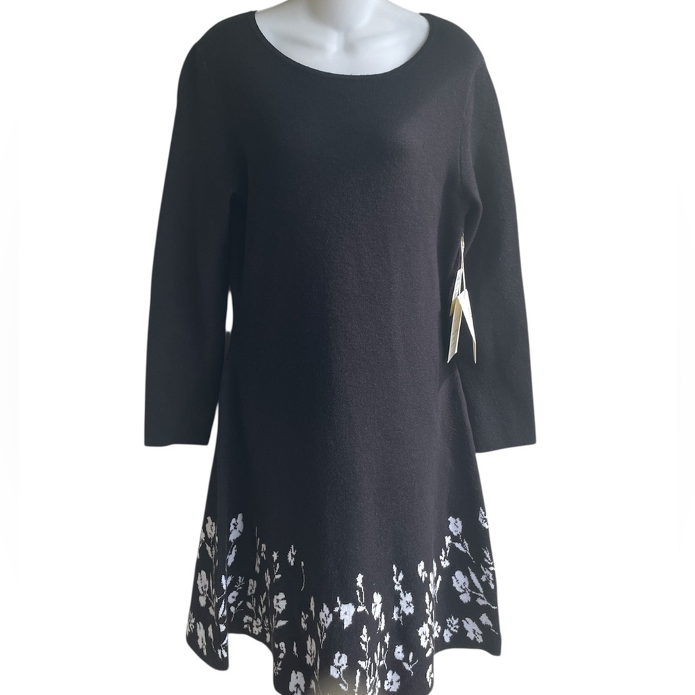 Cocobleu Black A-line Warm Knit Sweater Floral Accent Dress Woman's Medium NWT